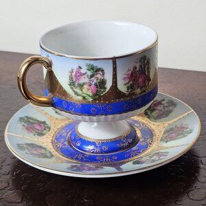Royal Sealy Victorian Teacup Set With Gold Trim Courting Couple Romantic Scenes